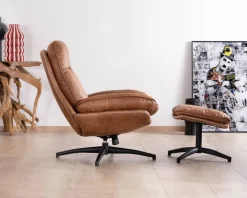Meuble House Fauteuil pivotant esprit rétro avec pouf en tissu microfibre coloris havane