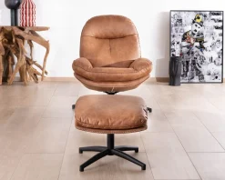 Meuble House Fauteuil pivotant esprit rétro avec pouf en tissu microfibre coloris havane
