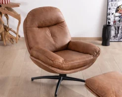 Meuble House Fauteuil pivotant esprit rétro avec pouf en tissu microfibre coloris havane