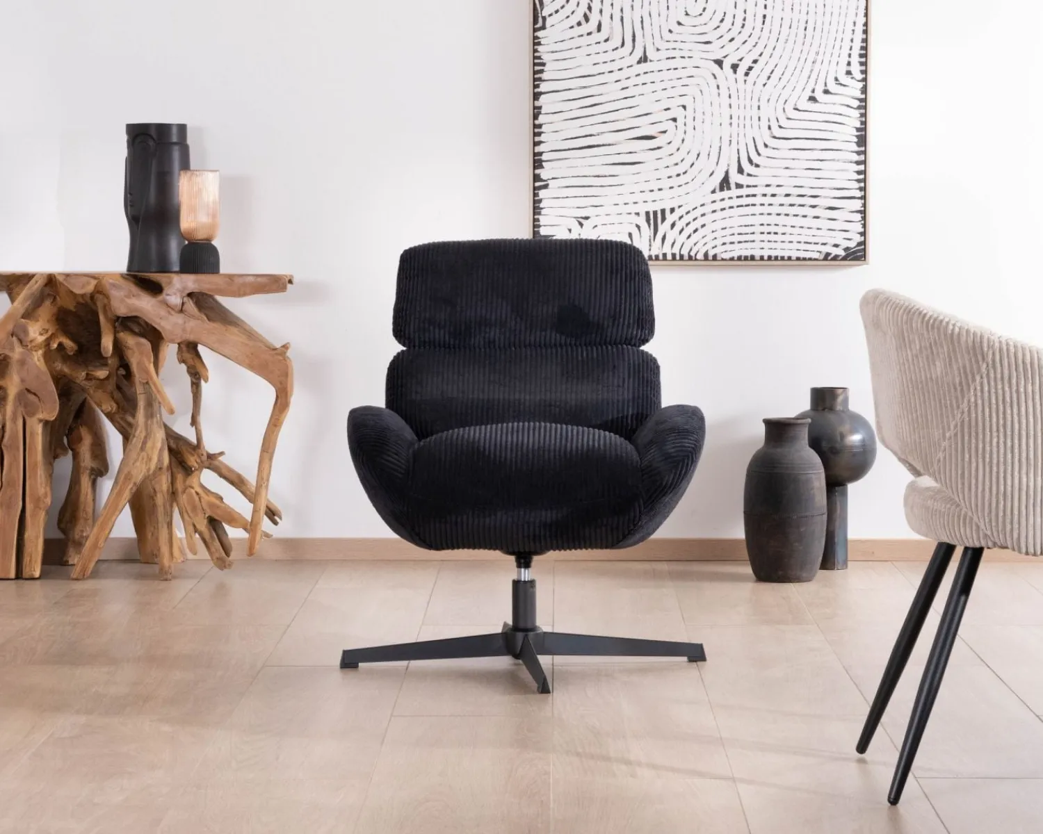 Meuble House Fauteuil relax tournant 360° en velours côtelé noir "Bissett" Clearance