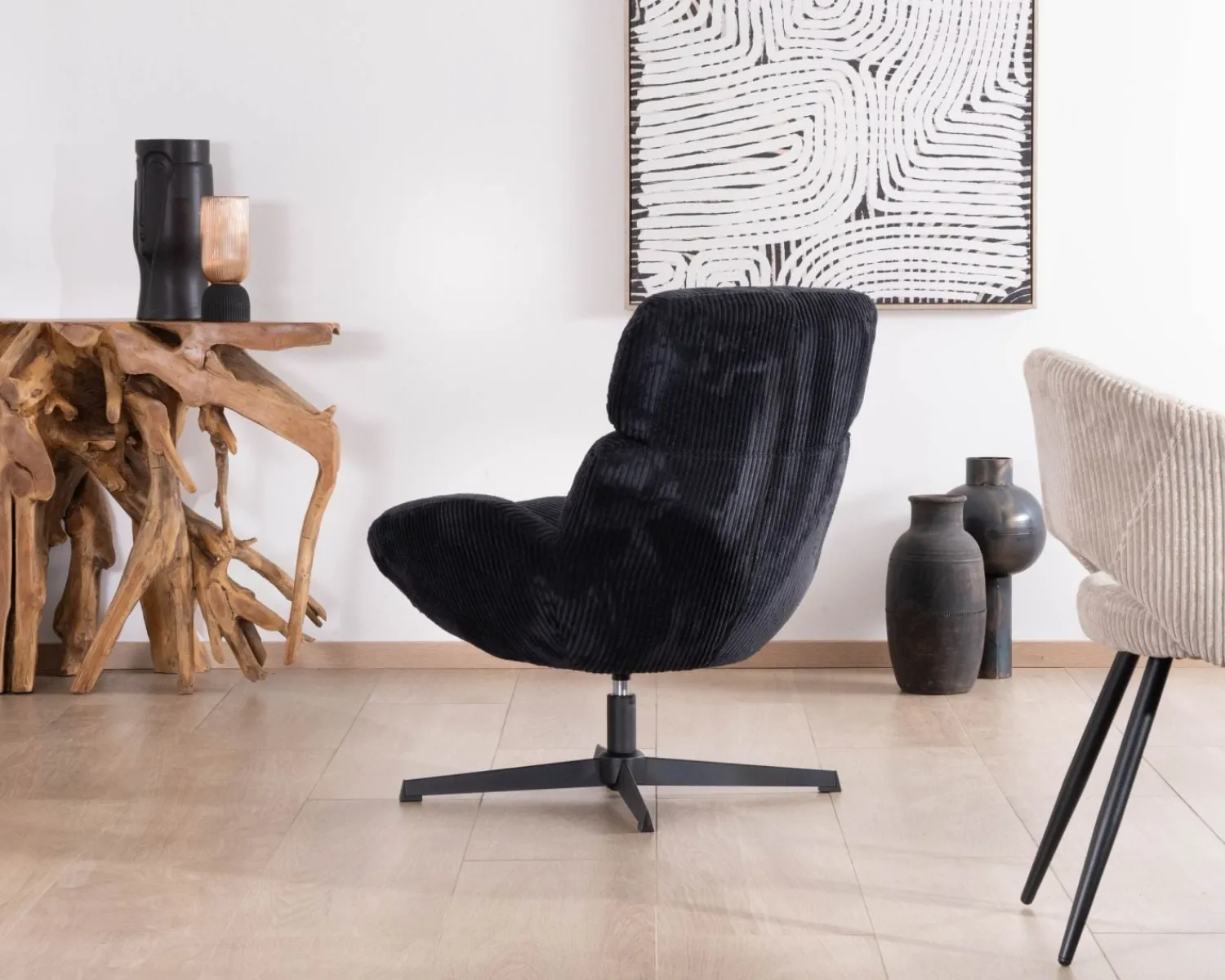 Meuble House Fauteuil relax tournant 360° en velours côtelé noir "Bissett" Clearance