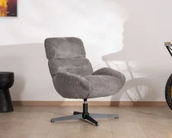 Meuble House Fauteuil rétro en tissu gris et pied pivotant en métal noir