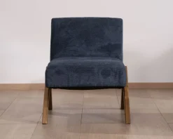 Meuble House Fauteuil rétro tissu bleu foncé avec pieds bois boomerang 