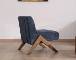 Meuble House Fauteuil rétro tissu bleu foncé avec pieds bois boomerang 