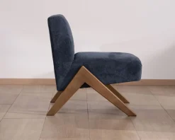 Meuble House Fauteuil rétro tissu bleu foncé avec pieds bois boomerang 