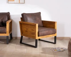 Meuble House Fauteuil style club en teck et tissu aspect cuir "Roster" Online