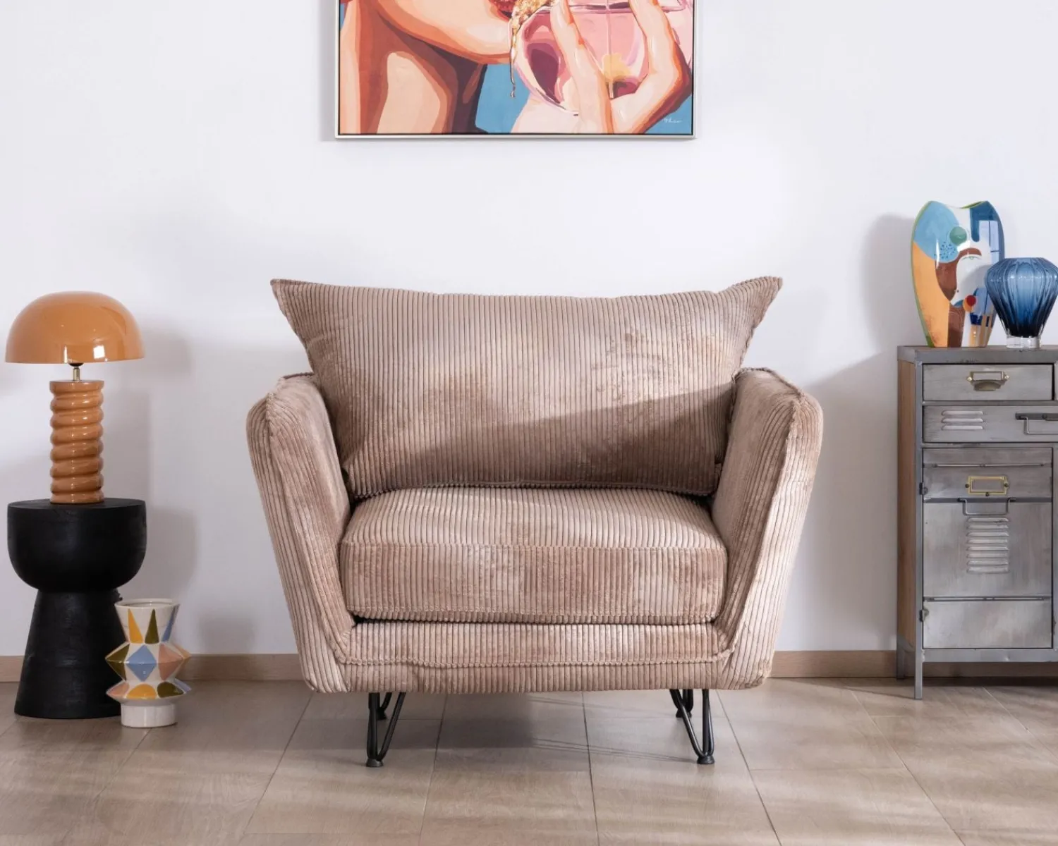 Meuble House Fauteuil ultra confort esprit scandinave en velours côtelé camel "Hasting" Online