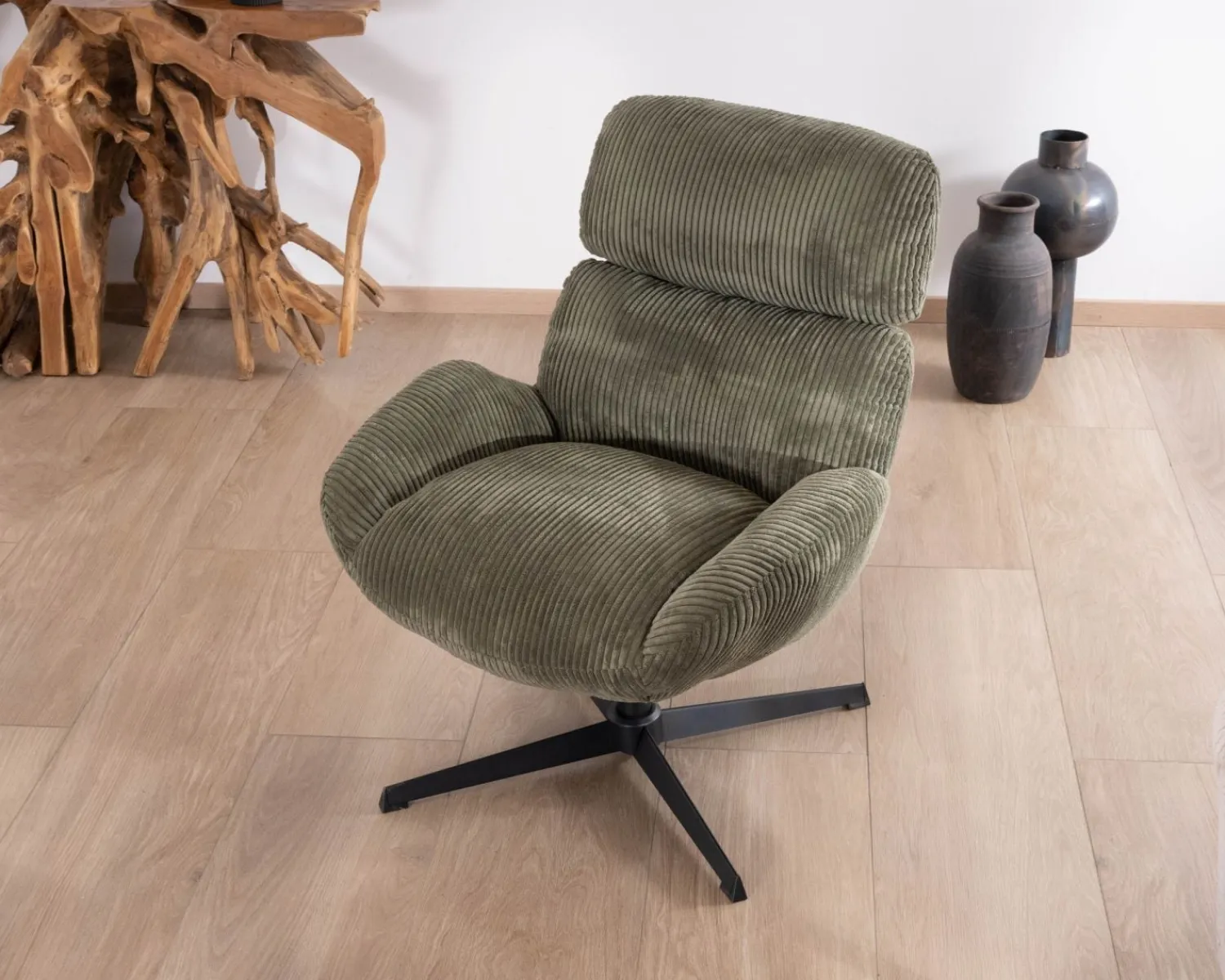 Meuble House Fauteuil ultra confort tournant 360° en velours côtelé vert doux "Bissett" Sale
