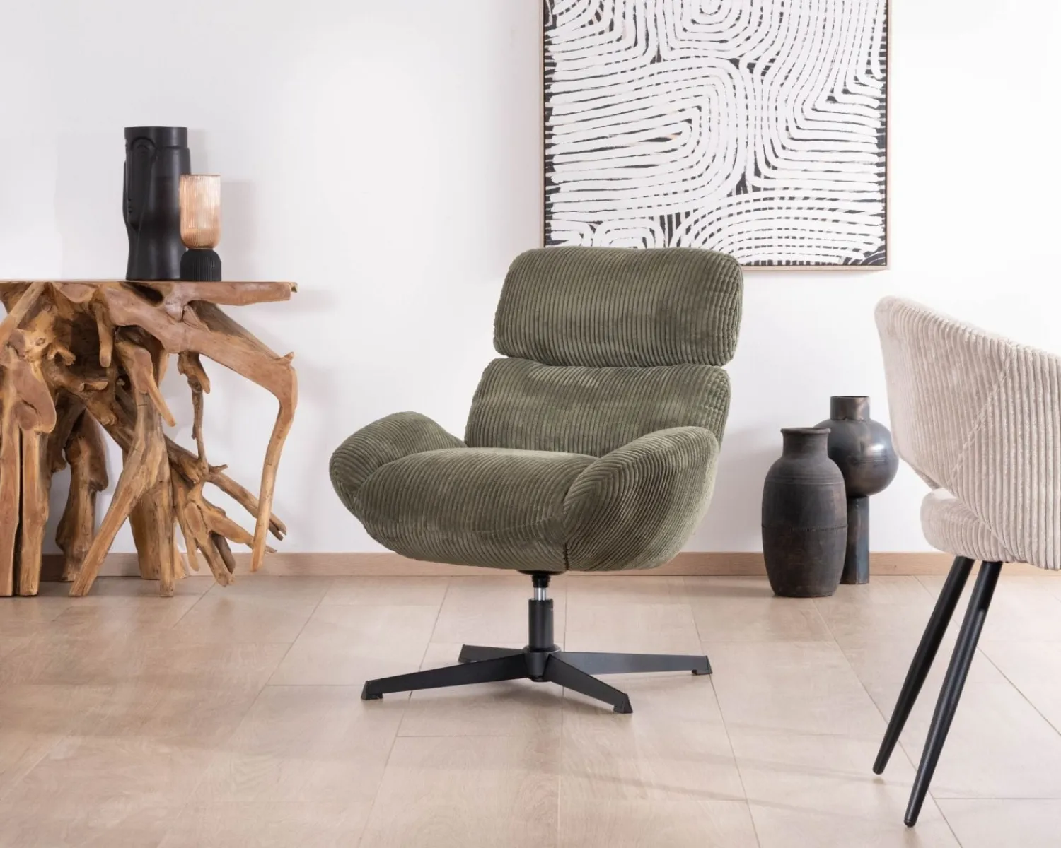 Meuble House Fauteuil ultra confort tournant 360° en velours côtelé vert doux "Bissett" Sale
