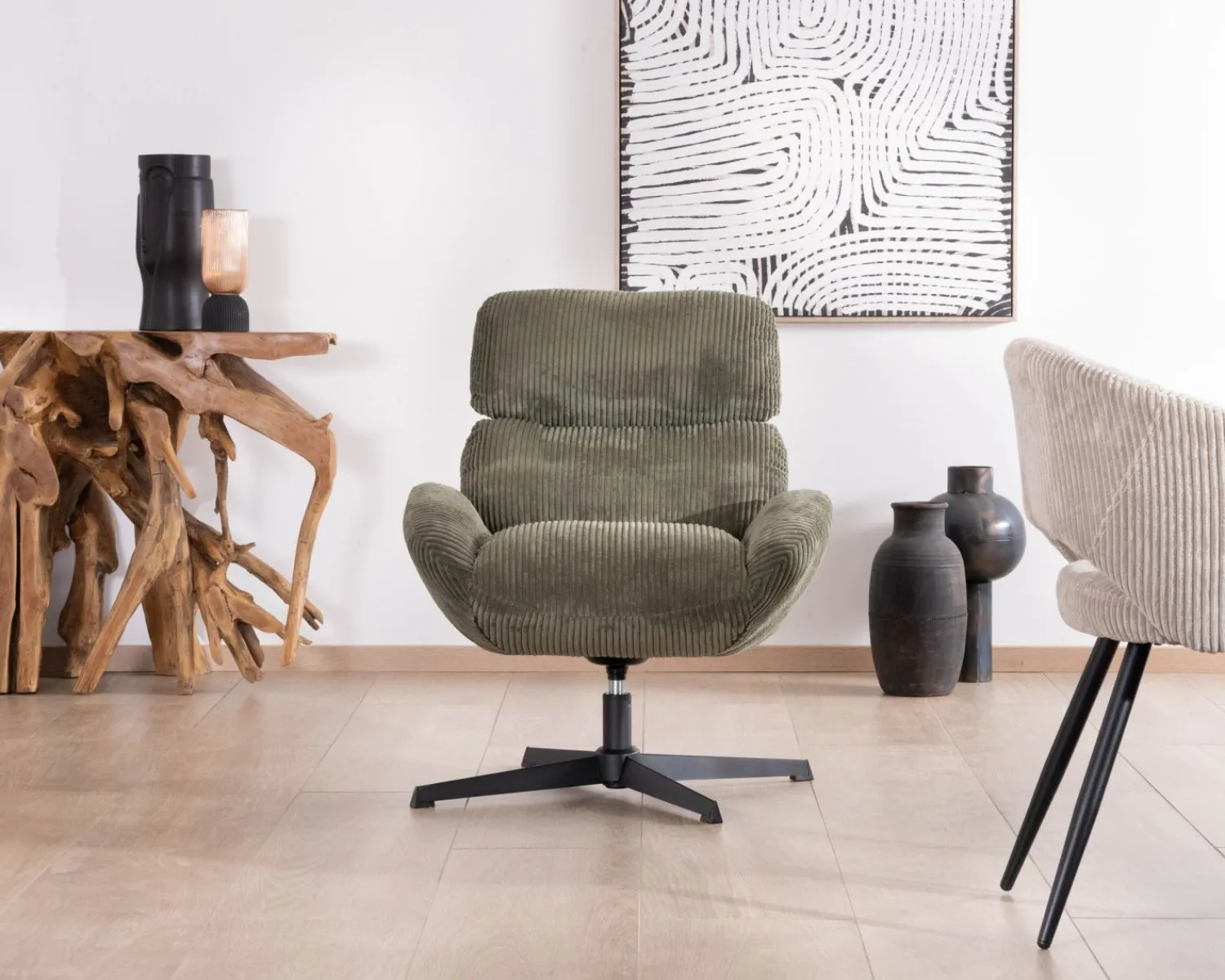 Meuble House Fauteuil ultra confort tournant 360° en velours côtelé vert doux "Bissett" Sale
