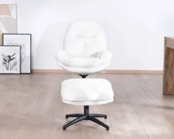 Meuble House Fauteuil vintage avec pouf en tissu blanc ultra doux 
