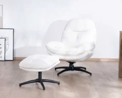 Meuble House Fauteuil vintage avec pouf en tissu blanc ultra doux 