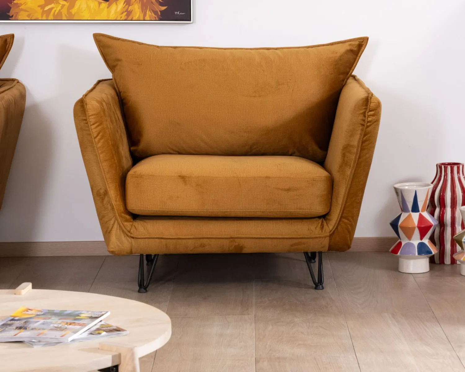Meuble House Fauteuil vintage ocre en tissu et métal ultra confort "Hasting" Online