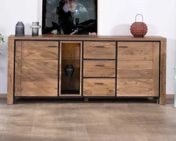 Meuble House Grand buffet 215 cm acacia massif avec relief noirs, tiroirs et niche avec étagères vitrées