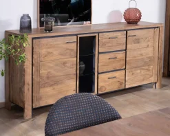Meuble House Grand buffet 215 cm acacia massif avec relief noirs, tiroirs et niche avec étagères vitrées