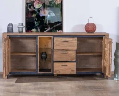 Meuble House Grand buffet 215 cm acacia massif avec relief noirs, tiroirs et niche avec étagères vitrées