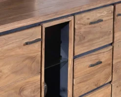 Meuble House Grand buffet 215 cm acacia massif avec relief noirs, tiroirs et niche avec étagères vitrées