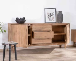 Meuble House Grand buffet contemporain en manguier avec portes et tiroirs poignées encastrées