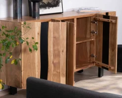 Meuble House Grand buffet design 190cm en bois massif d’acacia et métal noir 