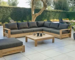 Meuble House Grand canapé modulaire spécial extérieur en teck et tissu gris foncé 