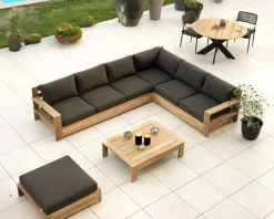 Meuble House Grand canapé modulaire spécial extérieur en teck et tissu gris foncé 