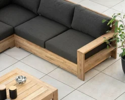 Meuble House Grand canapé modulaire spécial extérieur en teck et tissu gris foncé 