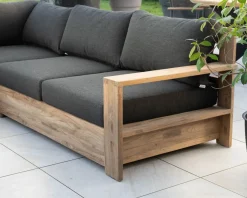 Meuble House Grand canapé modulaire spécial extérieur en teck et tissu gris foncé 