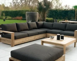Meuble House Grand canapé modulaire spécial extérieur en teck et tissu gris foncé 