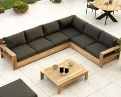 Meuble House Grand canapé modulaire spécial extérieur en teck et tissu gris foncé 