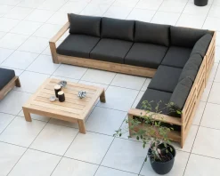 Meuble House Grand canapé modulaire spécial extérieur en teck et tissu gris foncé 