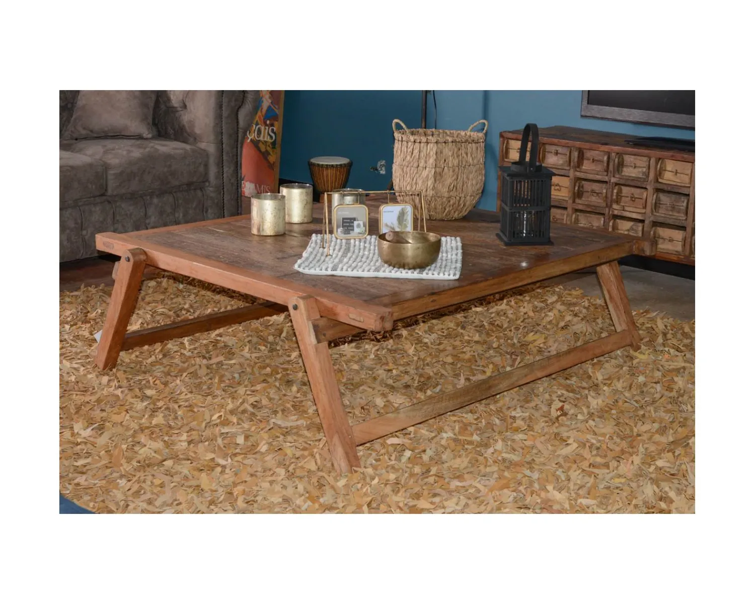 Meuble House Grande table basse carrée vieux bois ethnique "Népalaise" Clearance