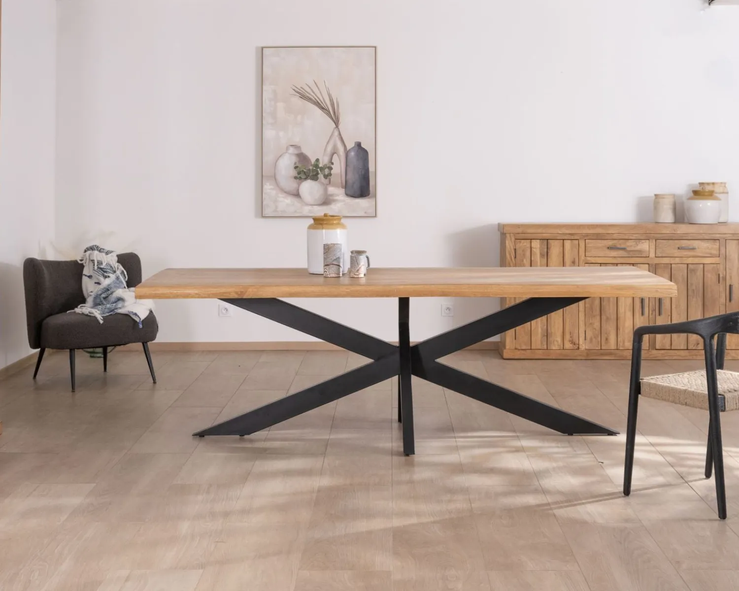 Meuble House Grande table de repas 240 cm plateau en manguier bords naturels "Presolino" pieds croix métal Hot
