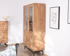 Meuble House Grande vitrine 4 portes style rétro en acacia et métal