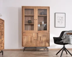 Meuble House Grande vitrine 4 portes style rétro en acacia et métal
