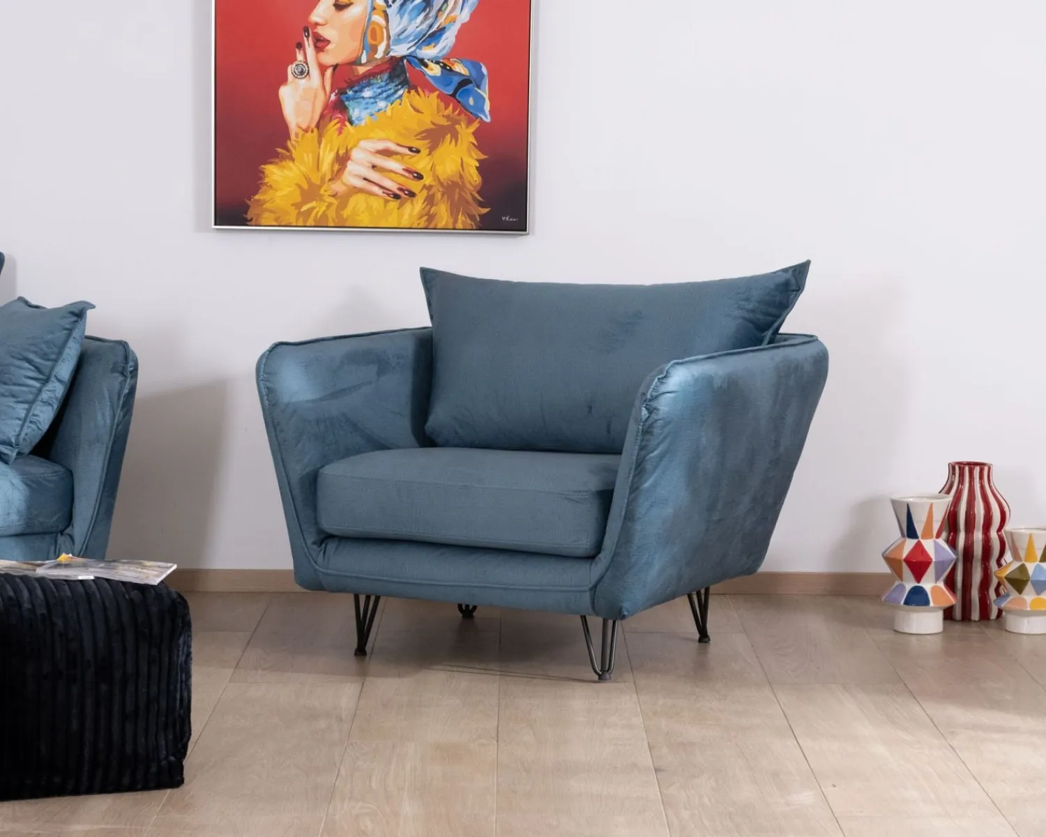Meuble House Grand fauteuil cosy en tissu bleu et pieds en métal noir "Hasting" Online