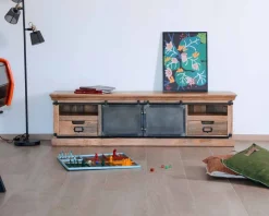 Meuble House Grand meuble TV bas 180cm bois naturel massif et métal gris "Haden" Discount