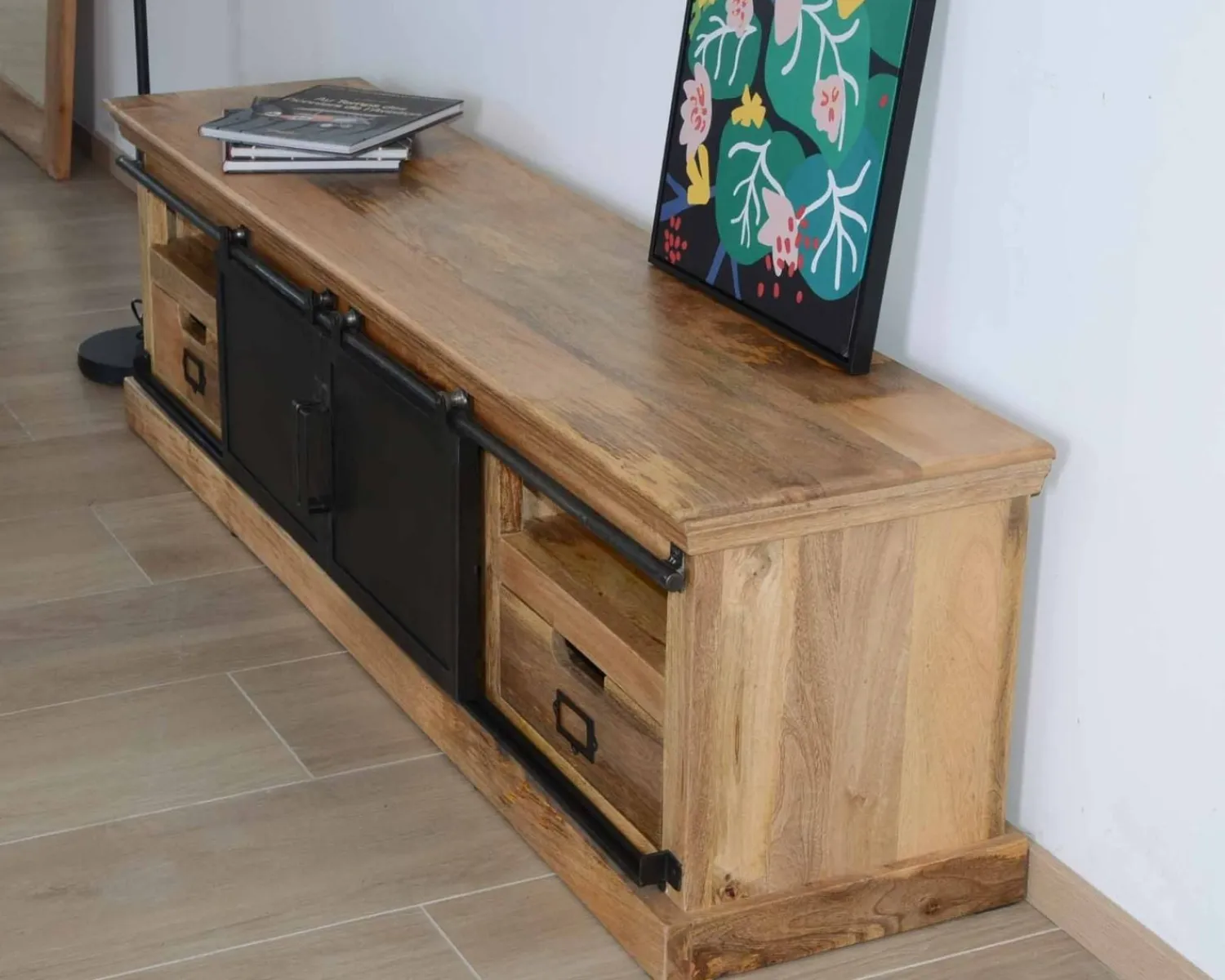 Meuble House Grand meuble TV bas 180cm bois naturel massif et métal gris "Haden" Discount