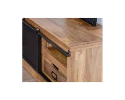 Meuble House Grand meuble TV bas 180cm bois naturel massif et métal gris