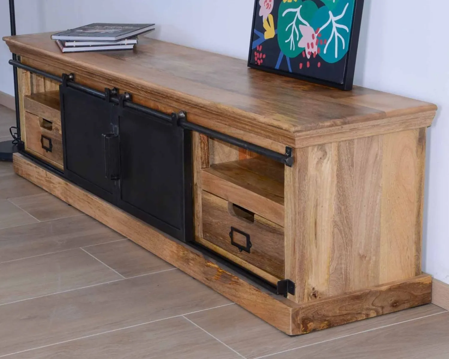 Meuble House Grand meuble TV bas 180cm bois naturel massif et métal gris "Haden" Discount