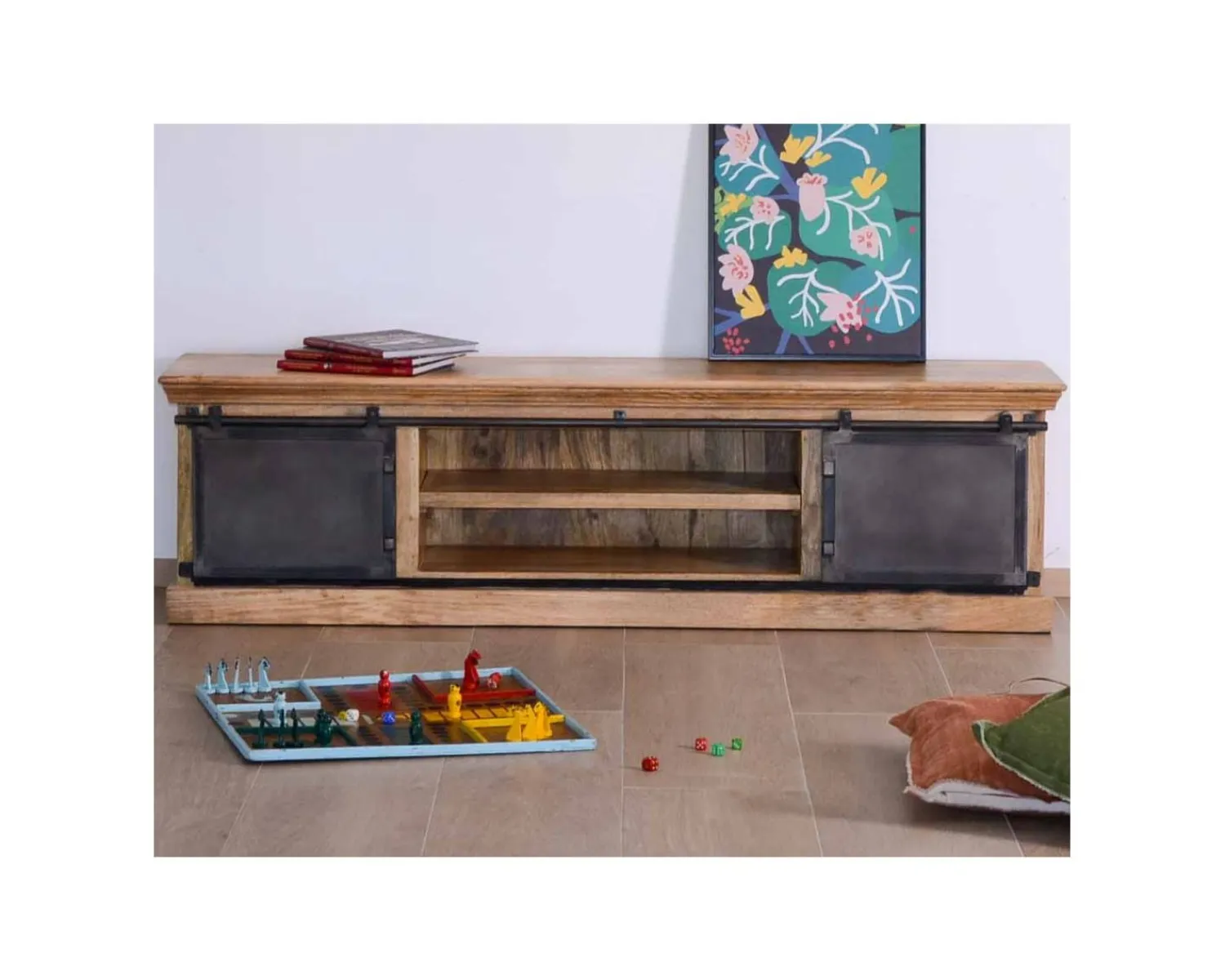 Meuble House Grand meuble TV bas 180cm bois naturel massif et métal gris "Haden" Discount