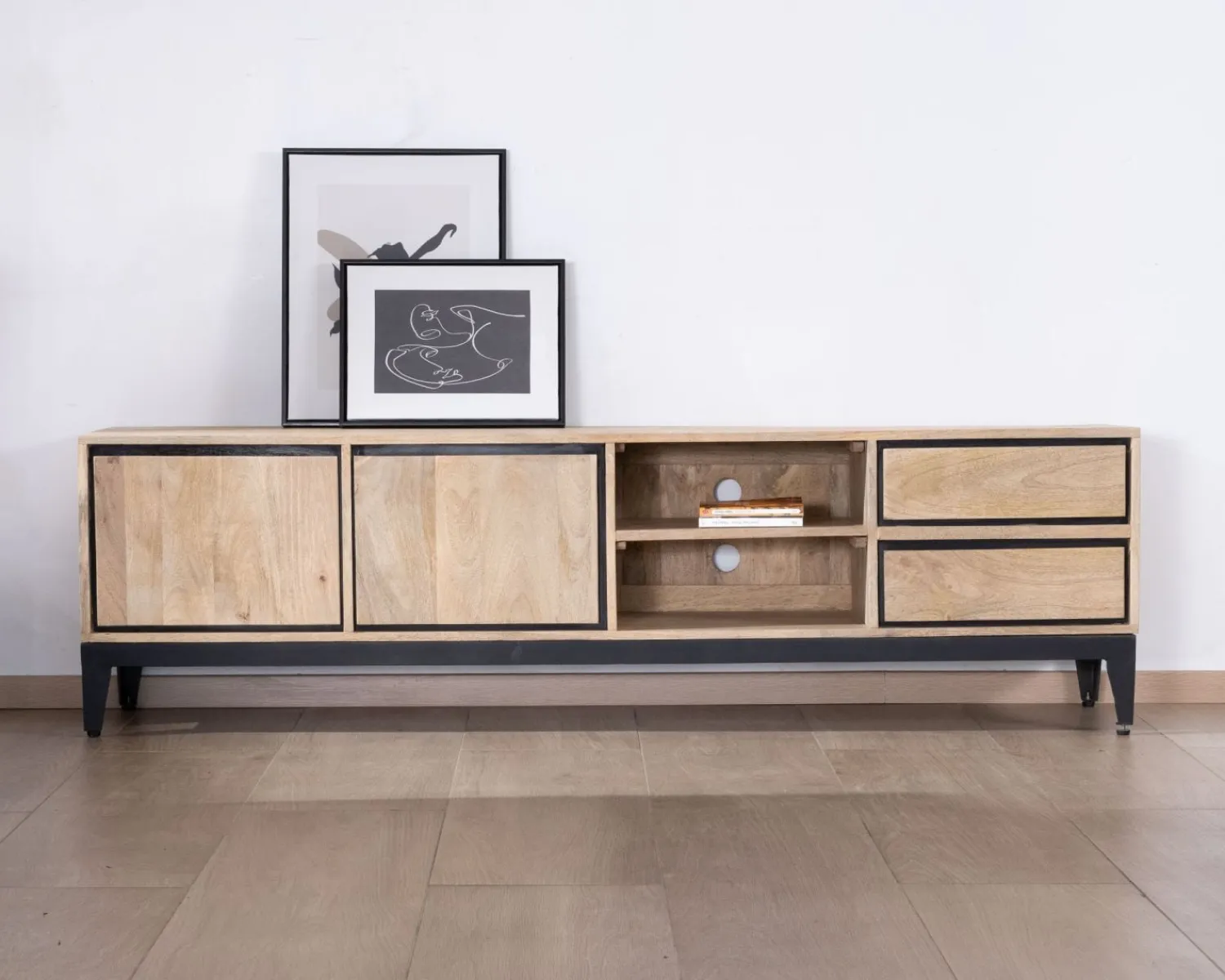 Meuble House Grand meuble TV bicolore en manguier avec portes, niches et tiroirs "Bocca" 180 cm Discount