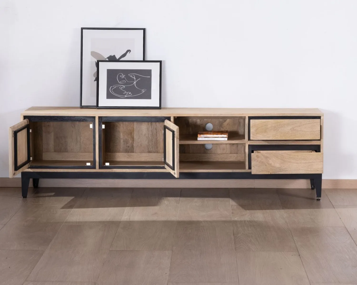 Meuble House Grand meuble TV bicolore en manguier avec portes, niches et tiroirs "Bocca" 180 cm Discount