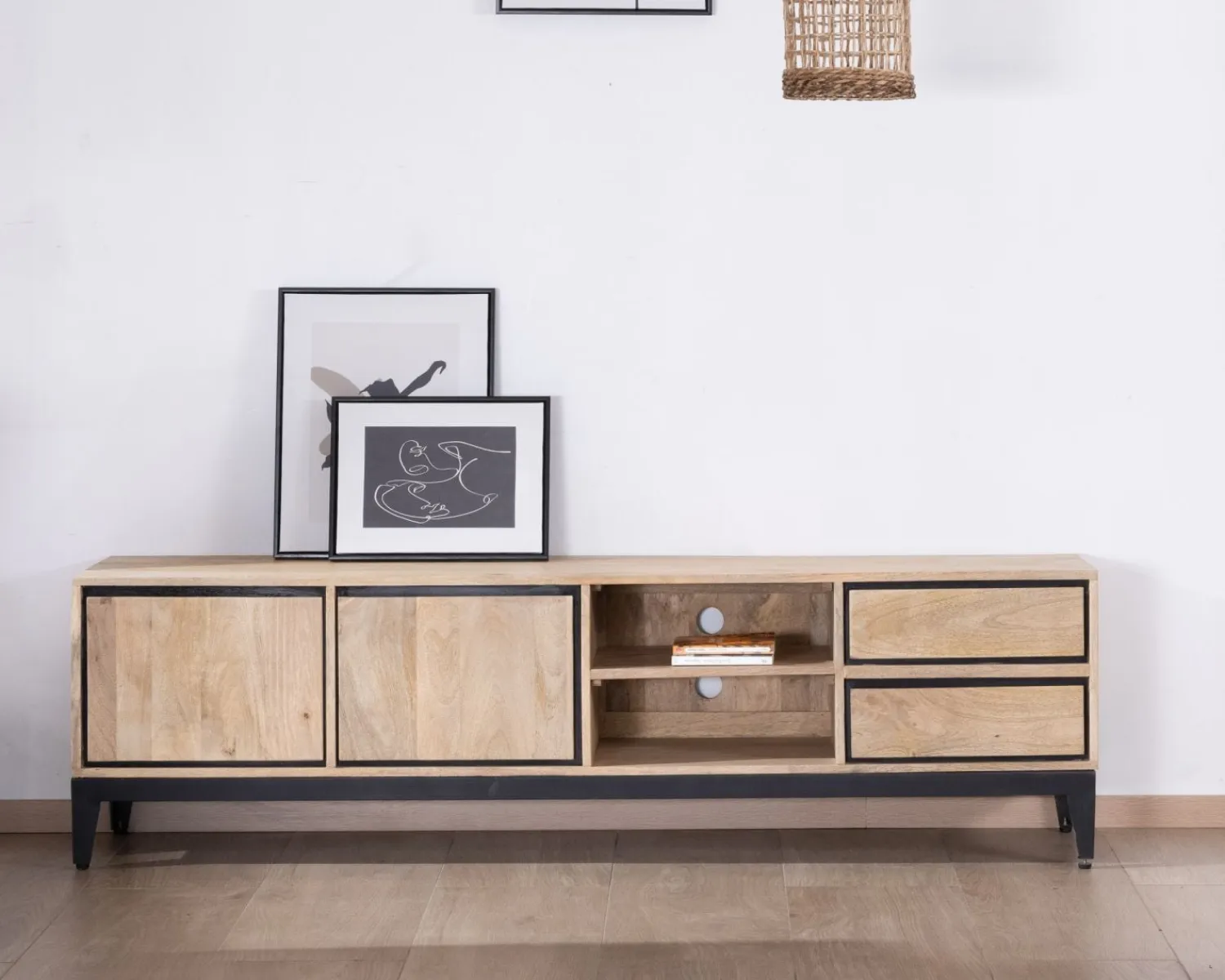 Meuble House Grand meuble TV bicolore en manguier avec portes, niches et tiroirs "Bocca" 180 cm Discount