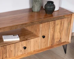 Meuble House Grand meuble TV 195 cm en acacia façades gaufrées et pieds métal "Wendy" Sale