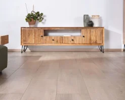 Meuble House Grand meuble TV 195 cm en acacia façades gaufrées et pieds métal 