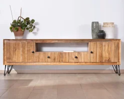 Meuble House Grand meuble TV 195 cm en acacia façades gaufrées et pieds métal 