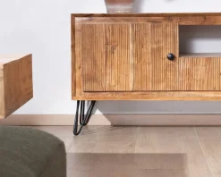 Meuble House Grand meuble TV 195 cm en acacia façades gaufrées et pieds métal 