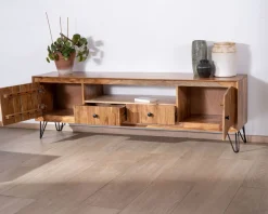 Meuble House Grand meuble TV 195 cm en acacia façades gaufrées et pieds métal 