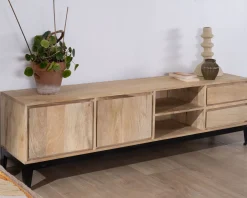 Meuble House Grand meuble TV 180 cm en manguier massif avec portes, niches et tiroirs 