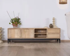 Meuble House Grand meuble TV 180 cm en manguier massif avec portes, niches et tiroirs 